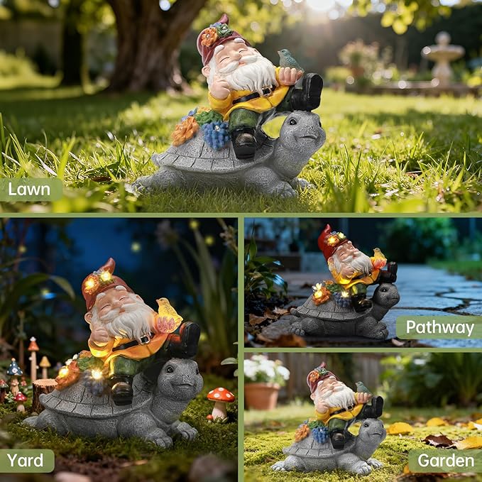 Solar Gnome Statue Outdoor Decor, Gnome on Turtle Figurines with LED Light for for Fairy Garden Yard Balcony Lawn Christmas Housewarming Whimsical Gifts for Women Mom Grandma