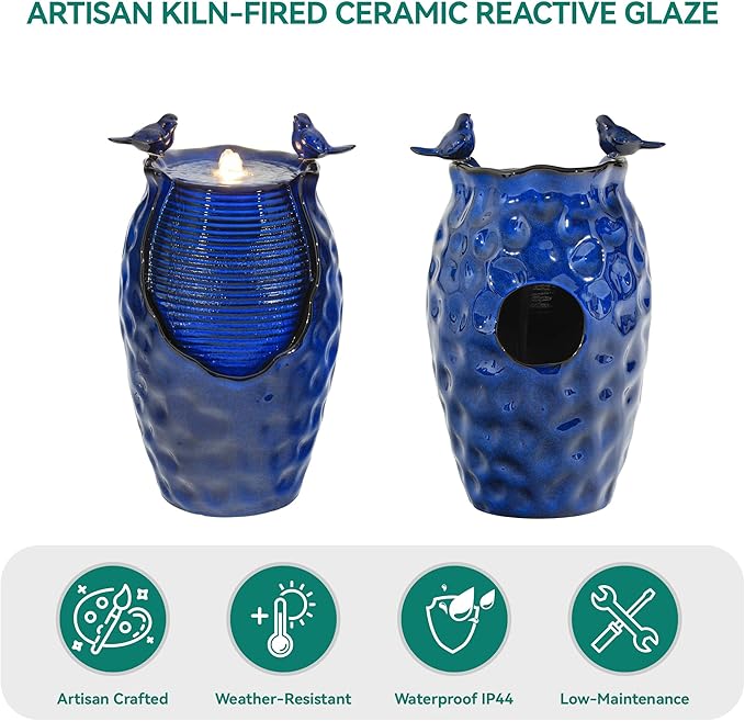 23.5" H Ceramic Jar Outdoor Fountain, Honeycomb Pot Water Feature with LED Lights, Soothing Trickling Waterfall for Garden, Patio, Yard Oasis, KD Vivid Bird Accents, Cobalt Blue Glaze,