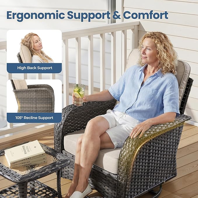Weaxty Outdoor Swivel Rocker Patio Chairs, 3 Pieces Patio Furniture Set with Rocking Chair and Wicker Side Table, Outdoor Furniture Conversation Set for Porch, Deck, Yard, Balcony, Beige