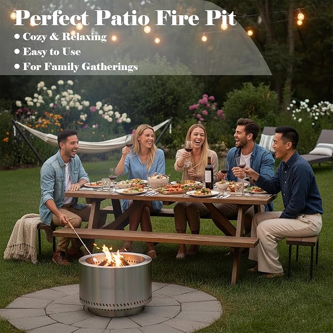 19.5 Inch Smokeless Fire Pit, VivaGarden Outdoor Wood Burning Fire Pit with Carry Bag, Stainless Steel Firepit for Camping, Backyard, Patio, Bonfire & Garden Gatherings (Silver) - Image 5