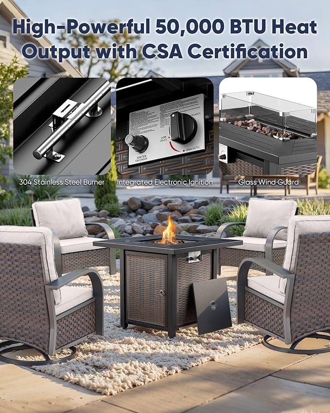 HUMMUH Outdoor Furniture with Fire Pit -Patio Table and Chairs Set of 4 Swivel Patio Chairs for Deck Porch Garden Poolside Backyard-Brown/Beige