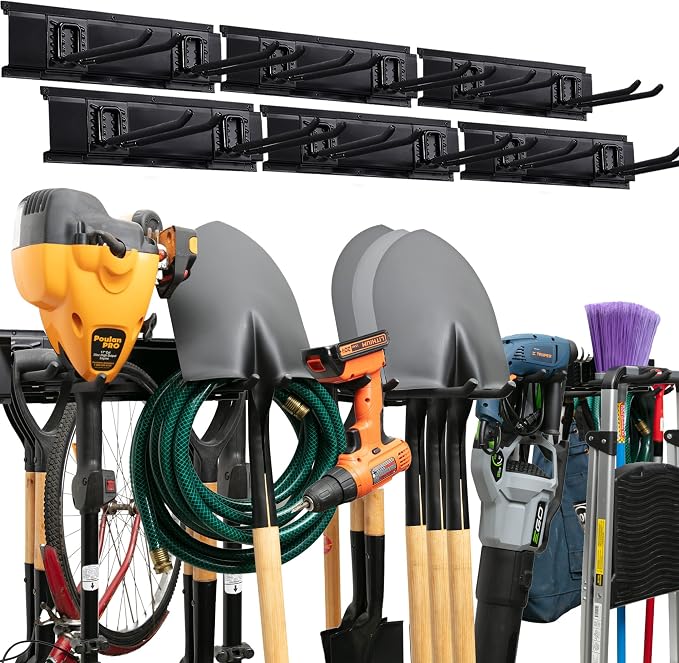TIDYME Garage Tool Organizer Wall Mount - 96 inches - Sturdy Storage Rack with Adjustable Hooks, Anti-Rust - Easy Installation, 600lbs Capacity - Garden Tool Organizer (06 Racks & 12 Hooks) by Tidyme