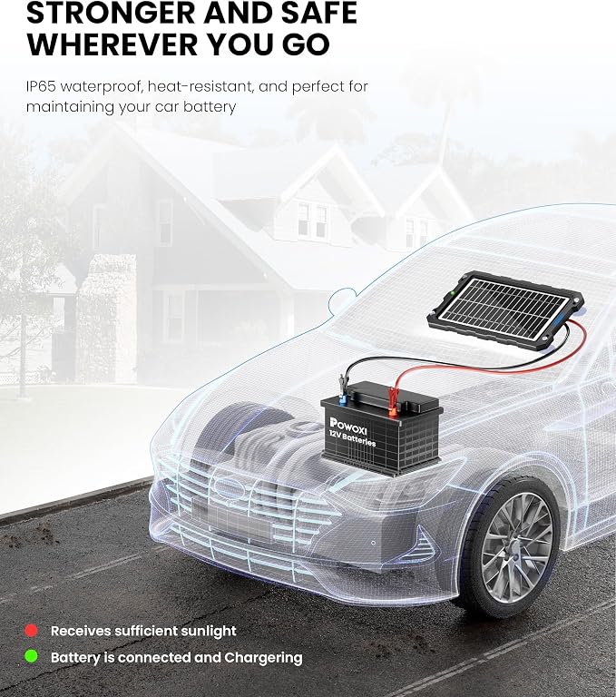 POWOXI-9W-Solar-Battery-Trickle-Charger-Maintainer -12V Portable Waterproof Solar Panel Trickle Charging Kit for Car, Motorcycle, Boat, Marine, RV, Trailer, Powersports, Snowmobile, etc. - Image 4