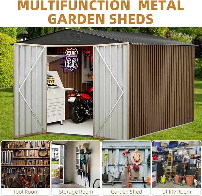 8X12FT Outdoor Metal Storage Shed, Lockable Weatherproof Garden Shed for Tools & Equipment, Durable Galvanized Steel with Sloping Roof & Ventilation, Ideal for Backyard, Patio & Garage Storage, Brown - Image 6