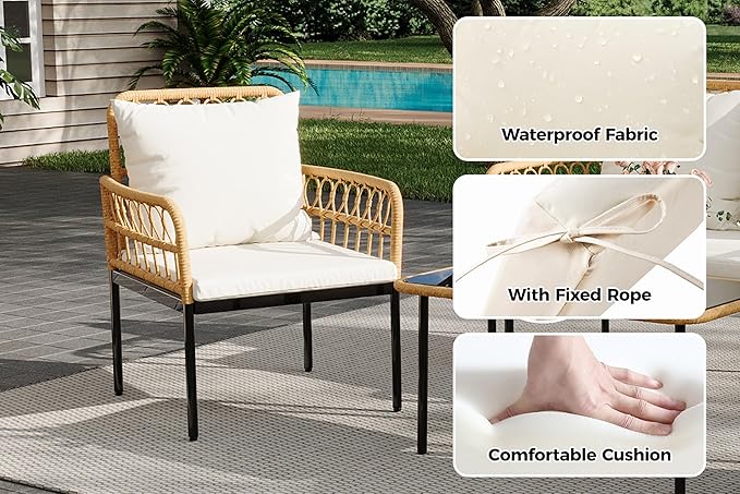 4 Pieces Outdoor Patio Furniture Set with Table - Rattan Balcony Furniture for Porch or Deck, Includes Chaise Lounge, 2 Armchairs with Cushions and Pillows for Porch Backyard Lawn Poolside Deck, Beige