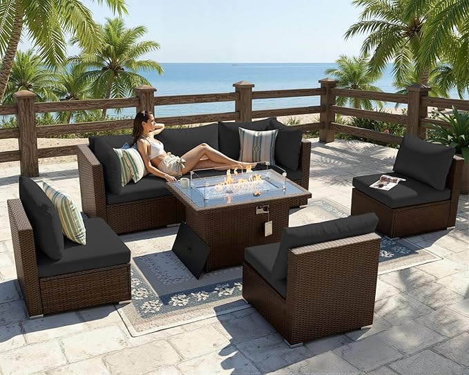BULEXYARD 7-Piece Outdoor Patio Furniture Set with Propane/Natural Gas Fire Pit Table, High-Back Extra Large Backyard Sectional Couch Sofa, Cozy Wide Deep Seating Group, Brown Rattan & Black Cushion