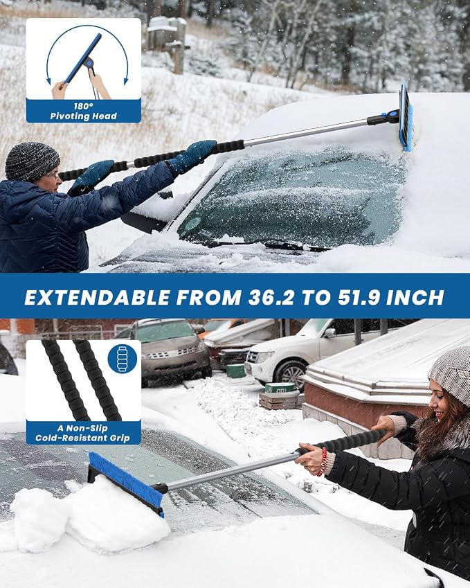 helloleiboo 2025 Extra Long 55.7" Ice Scrapers for Car Windshield Multi-Functional Detachable Car Ice Scraper with Foam Grip and 270° Pivoting Brush Head Snow Brush for SUV Truck Auto (Blue) - Image 5