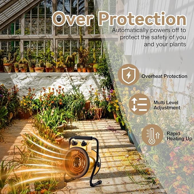 Greenhouse Heater with Digital Thermostat, 1500W Electric Outdoor Heaters for Patio, Fast Heating, Overheat Protection, Dustproof Design for Grow Tent, Green House, Flower Room, Black-Yellow