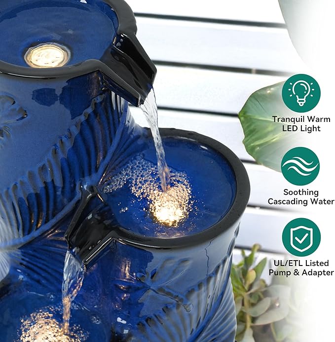 25.5" H Ceramic Outdoor Water Fountain with LED Lights, 3-Tier Bamboo-Style Water Feature with Leaf & Dragonfly Patterns, Soothing Tranquil Waterfall for Garden, Patio & Yard, Cobalt Blue