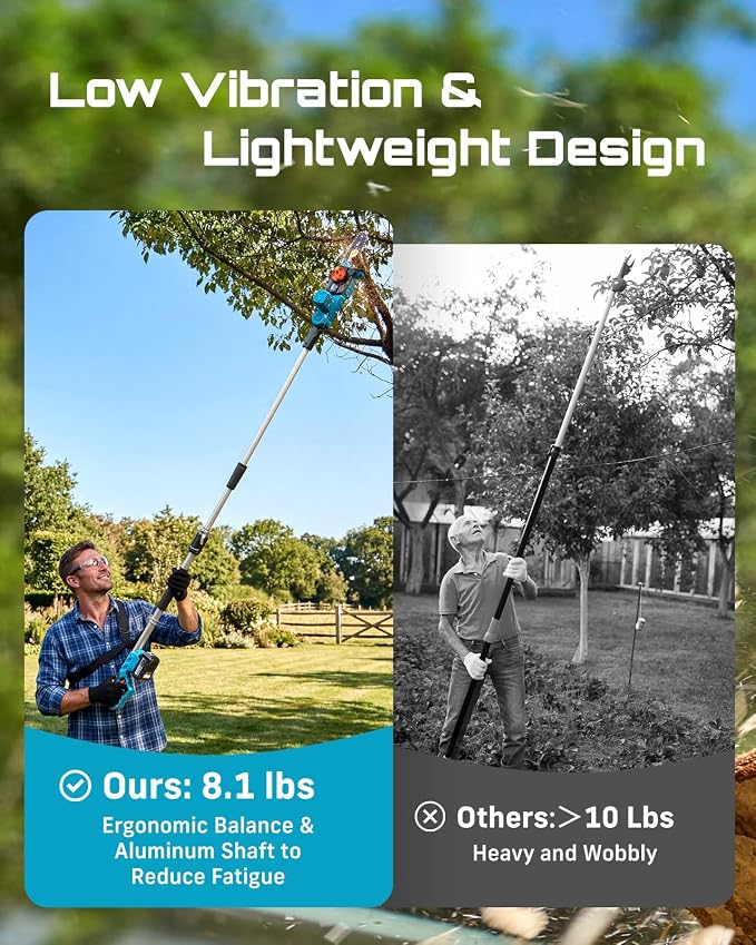 SEESII 8-Inch Electric Pole Saws: 21V Cordless Pole Saws for Tree Trimming, 15-Foot Max Reach, Auto Oiling, Tree Trimmer with 2x4000mAh Battery & Fast Charger, Tree Saw Ideal for Pruning Branches - Image 8