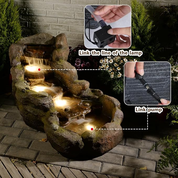 42" L Outdoor Water Fountain with 3 Tiers Cascading Realistic Tree Trunk Waterfall Fountains with LED Lights Outdoor Water Fountain for Garden Patio Backyard Porch Home Decor