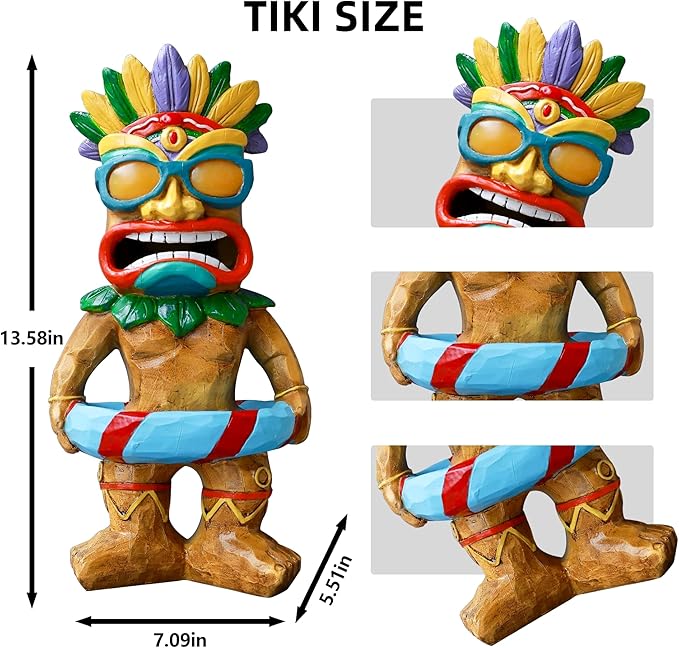 Tiki Staue, Outdoor statue with Solar Eyes, Tikis Bar Decor with Solar Light, Tikis Pool Decor, Garden Statues with Swim Ring, Tiki Porch Patio Decorations, Tiki Figurine Gift for Mom Women Friends
