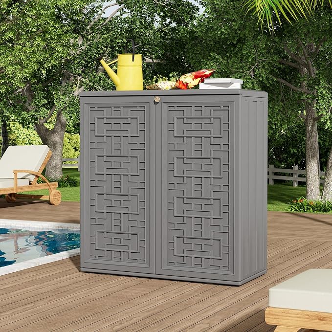 ZZM HDPE Outdoor Storage Shed, Outdoor Plastic Storage Cabinet, Horizontal Resin Tool Shed for Garden, All Weather Outdoor Storage Clearance, DIY Usage, with one Shelf (Gray) - Image 5