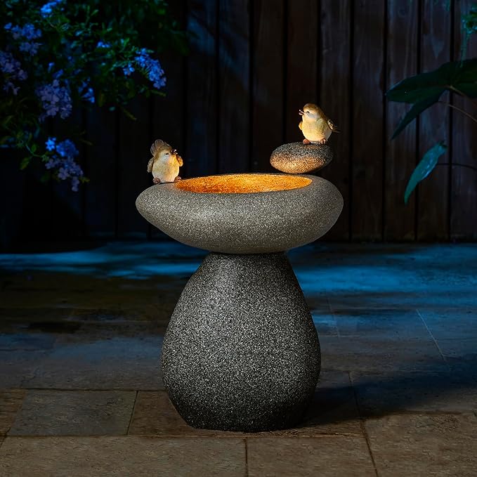 Glitzhome 20.75" H Water Fountain with LED Light and Pump, Zen Style Faux Stone Texture Birdbath Outdoor Fountains with Birds Decor, Floor Fountain for Porch Deck Patio Backyard