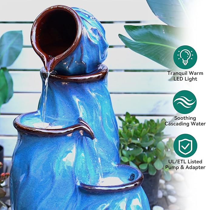 29" Outdoor Water Fountain, Ceramic Outdoor Fountain, Stacked 4-Tier Pots Waterfalls for Garden, Patio, Yard, or Porch Decor, Creating Relaxing Serene Oasis, Dynamic Wave-Texture, Turquoise