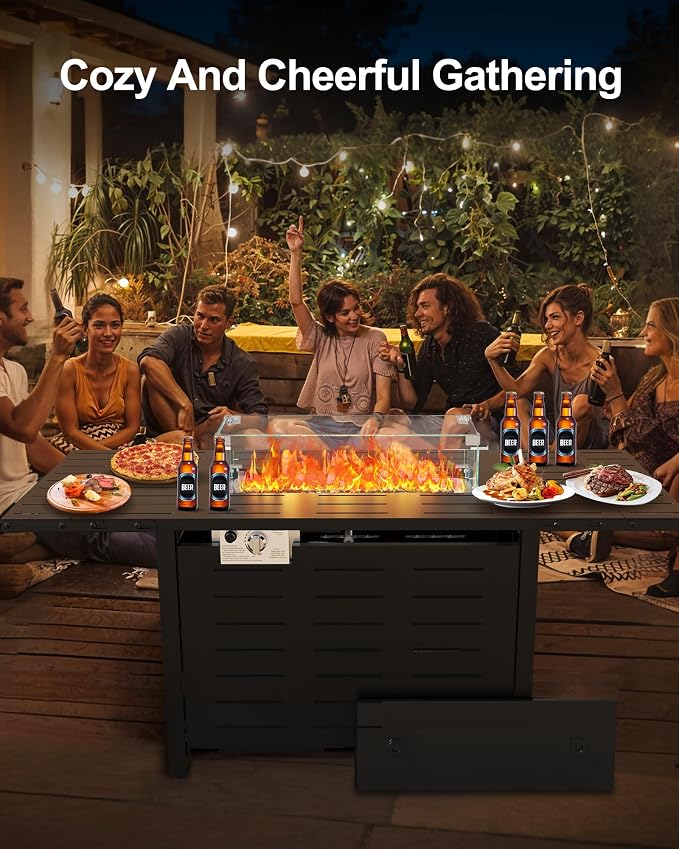 Hipicute 55" Outdoor Propane Fire Pit Table, 48,000 Btu Lp Gas Rectangular Fire Table with Ignition Systems and Lid,Outdoor Firetable with Glass Rocks for Patio Deck Garden Backyard - Image 4