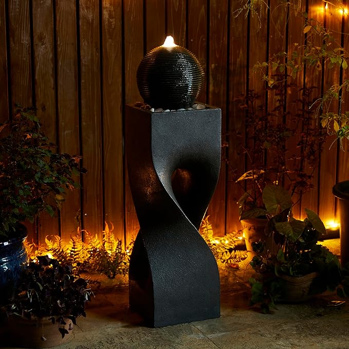 Glitzhome Modern Water Fountain Outdoor with LED Light, Oversized Geometric Outdoor Fountains and Waterfalls, Sphere Rock Fountain with Pebbles for Garden Backyard Patio, 40.5”H