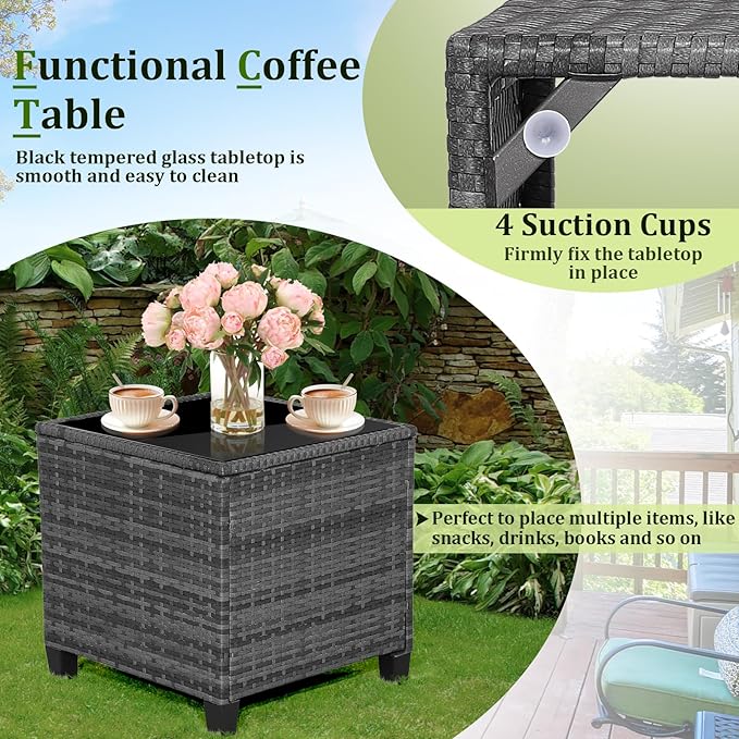 RELAX4LIFE Wicker Patio Furniture Sets - 3 Pieces Rattan Sofa Set, Outdoor Conversation Set with Tempered Glass Tabletop, Heavy-Duty Steel Frame, Wicker Chair Set for Poolside, Backyard (Grey-Red)