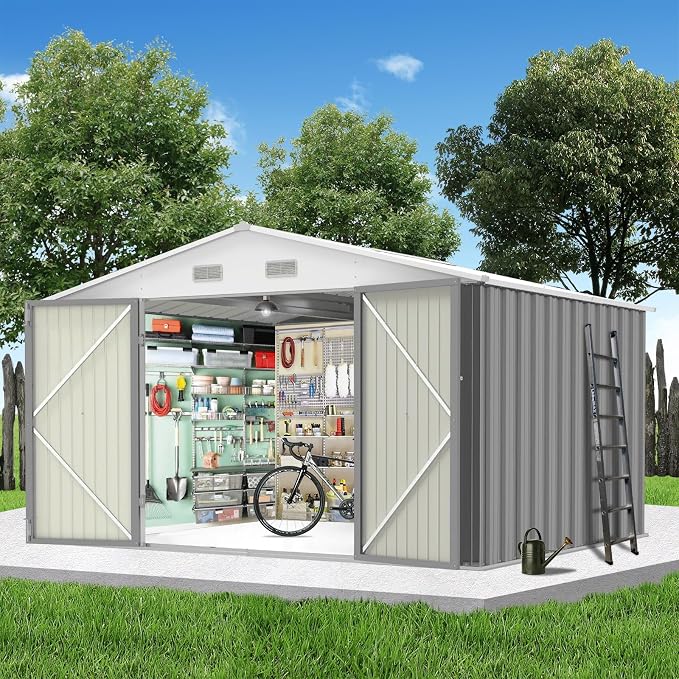 10X12FT Outdoor Metal Storage Shed, Lockable Weatherproof Garden Shed for Tools & Equipment, Durable Galvanized Steel with Sloping Roof & Ventilation, Ideal for Backyard, Patio & Garage Storage, Gray - Image 5