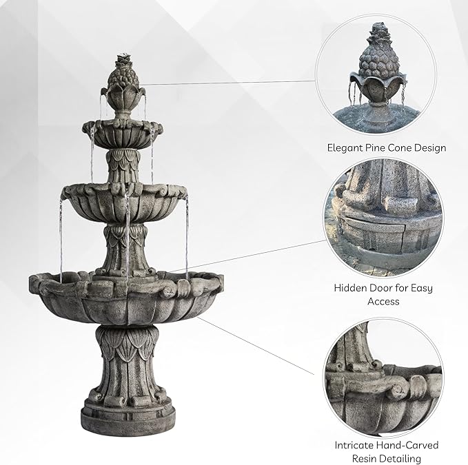 XBrand 58.3" Outdoor Bird Bath Fountain, 3-Tier Water Feature with Pump, Classic Leaf Design, Gray Resin Garden Décor for Yard, Lawn & Porch