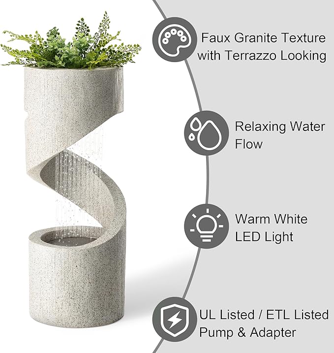 Glitzhome Outdoor Water Fountain with LED Light, Spiral Tiered Water Fountain Outdoor with Stone Planter, Modern Curved Waterfalls Feature Fountains for Garden Patio Porch, 31.3”H