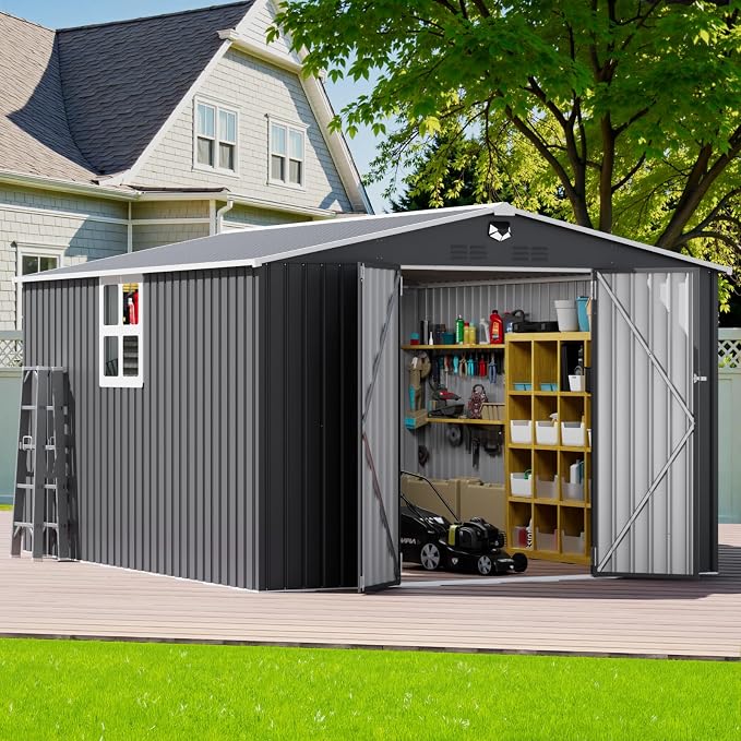 10x12 FT Outdoor Storage Shed, Metal Garden Shed - Tool Storage Sheds with Lockable Doors & 1 Clear Window, Waterproof Outside Storage Building for Backyard, Patio (Black; Floor Not Included) - Image 3