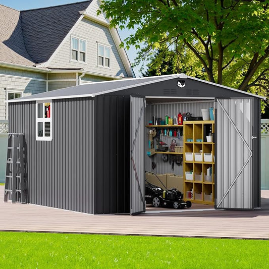 10x12 FT Outdoor Storage Shed, Metal Garden Shed - Tool Storage Sheds with Lockable Doors & 1 Clear Window, Waterproof Outside Storage Building for Backyard, Patio (Black; Floor Not Included) by BENASS