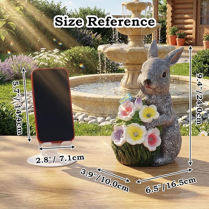 PETAFLOP Solar Garden Rabbit Statue Decor, Easter Bunny Figurine with Flower Lights for Yard, Patio, Pathway, Lawn, Patio, Balcony