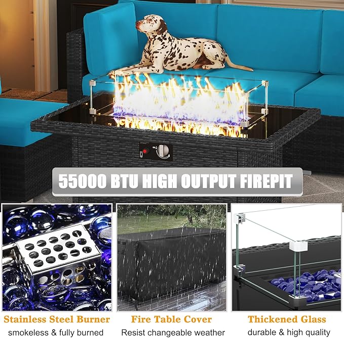 LayinSun 8 Piece Patio Furniture Set with 44" Propane Gas Fire Pit Table, Outdoor Sectional Conversation Set Wicker Rattan Sofa Set with Coffee Table