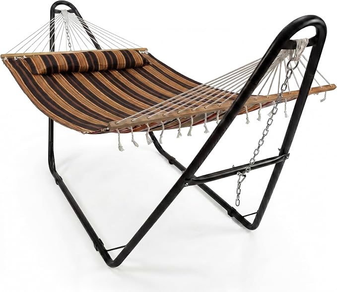 Sunnydaze Double Quilted Fabric Hammock with Universal Steel Stand - 440-Pound Capacity - Black Stand - Woodland Stripe by Sunnydaze+Decor