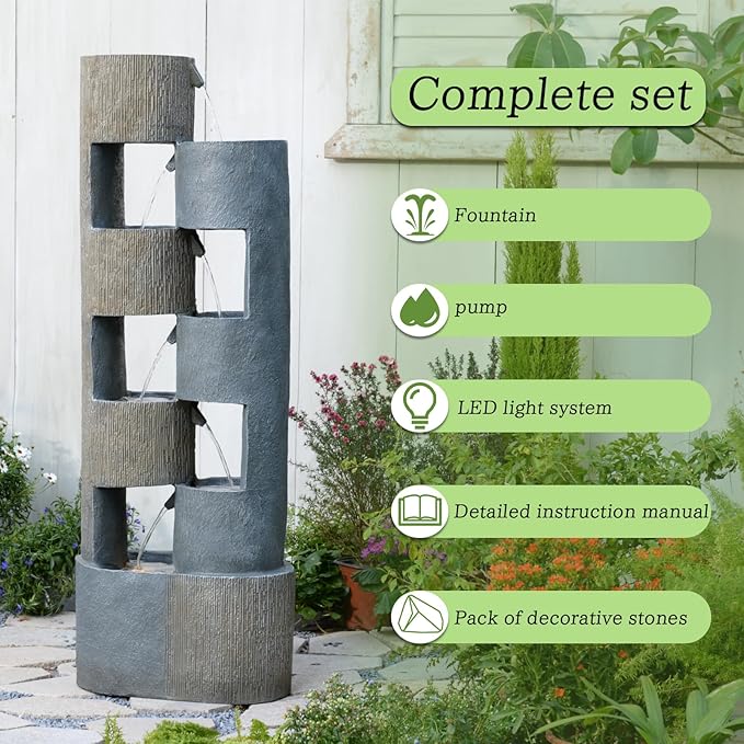 51 Inch Outdoor Water Fountain with LED Lights Tiered Waterfall Fountain Garden Water Feature Durable Resin Fiberglass with Pump Stones Weatherproof Indoor Outdoor Patio Decor