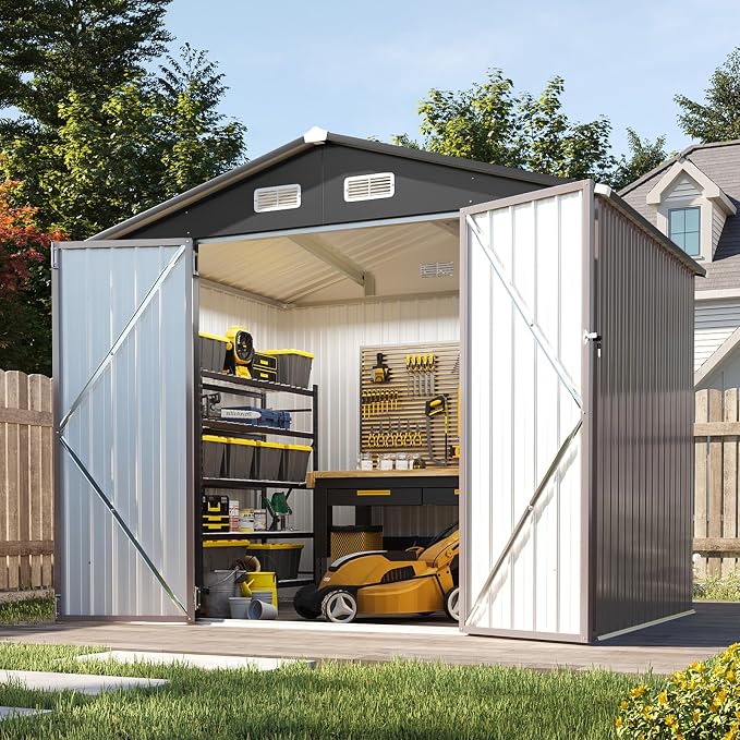 Aoxun 8x6 FT Outdoor Storage Shed Garden Metal Shed with Lockable Door Outdoor Large Shed for Tool, Garbage Can, Bike, Mower, Brown by Aoxun