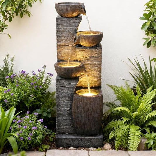 38.2" Tall Water Fountain Outdoor Garden,4 Tiers Modern Cascading Bowls and Stacked Stones Indoor Fountains with LED Lights for Garden, Patio, Deck, Porch, Backyard and Home Art Decor(Grey)