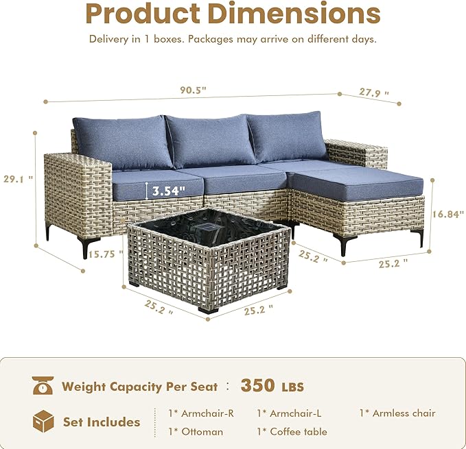 Patio Furniture Set, 5 Pieces Outdoor Wicker Conversation Sets with Coffee Table Outdoor Sectional Sofa for Balcony Backyard Poolside Garden Lawn (Blue)