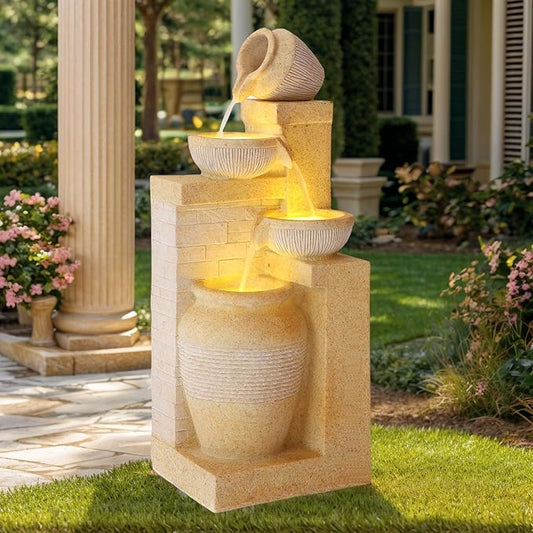 Grepatio Outdoor 4-Tiers Water Fountain, Garden Cascading Waterfalls Fountain with LED Lights, 32"H Modern Indoor/Outdoor Bowl Waterfall Feature Water Fountains for Garden, Patio, Yard Decor (Yellow)