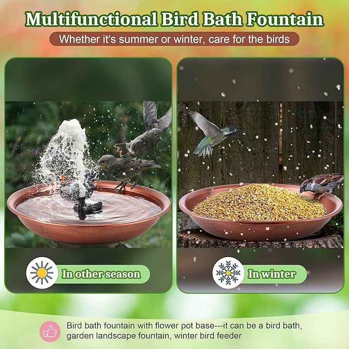 Bird Bath Fountain for Outside, 13.5" Garden Metal Bird Bath Bowl with 8W Water Pump, 2 Nozzles Adjustable Water Fountain for Backyard Patio Garden and Outdoor Water Features