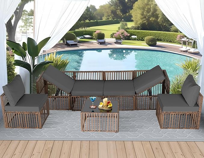 FHFO 7 Piece Patio Furniture Set, Outdoor Wicker Sectional Sofa Conversation Set Couch with Adjustable Backrest, Thick Cushion & Coffee Table for Garden, Porch, Poolside, Brown/Grey