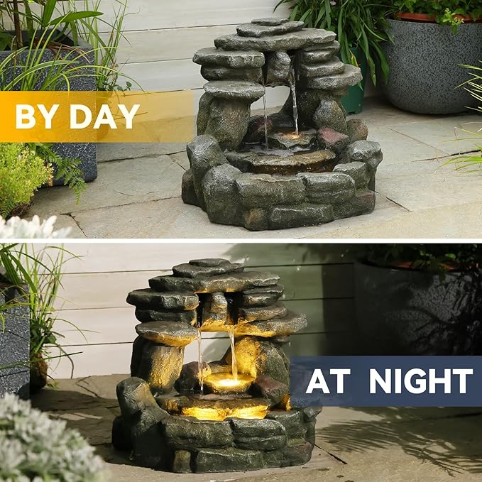 15.6" H Small Garden Outdoor Rock Water Fountain with LED Lights, 3-Tier Cascading Waterfall Fountain for Patio, Porch, Backyard & Indoor Home Decor