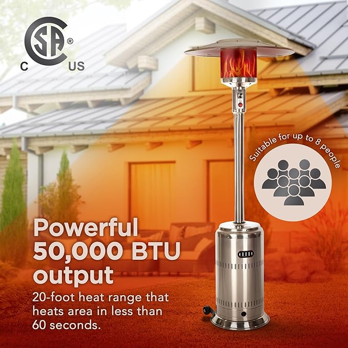 Fire Sense 01775 Performance Series Patio Heater With Wheels 50,000 BTU Output Electronic Ignition System Portable Outdoor Propane Heater - Unpainted Stainless Steel