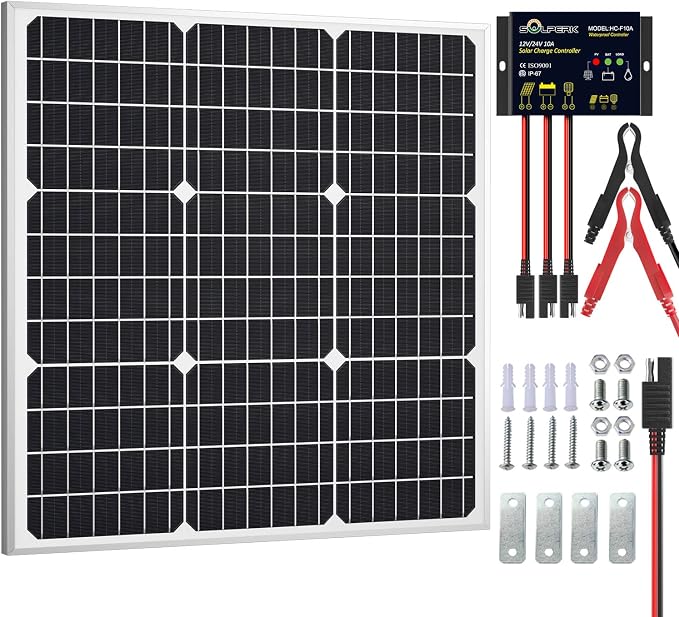 SOLPERK Solar Panel Kit 50W 12V, Waterproof Solar Battery Trickle Charger Maintainer + Waterproof Controller + Adjustable Mount Bracket for Boat Car RV Motorcycle(Without Mounting Bracket) by SOLPERK-WeNeverStop