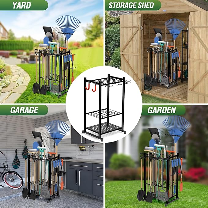Sttoraboks Garden Tool Organizer Rack Up to 50 Tools, Heavy-Duty Steel Yard Tool Organizer for Garage Storage with 11 Hooks, Broom Holder & Garden Tool Rack for Shed, Patio, Outdoor Use, Black - Image 6
