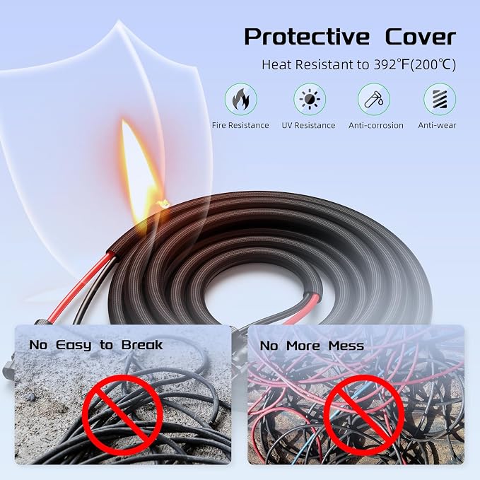 10FT Twin Wire Solar Panel Extension Cable, 12 Gauge PV Wire with IP68 Female & Male Waterproof Connectors, Flame Retardant Protective Sleeving and Dust Caps for Home, RV, Photovoltaic Systems - Image 3