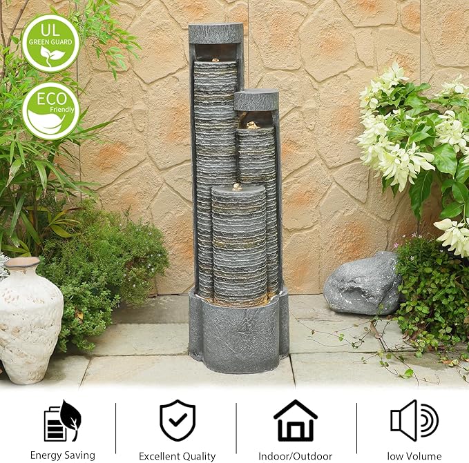 39.76" Tall Indoor Outdoor Water Fountain Modern Water Feature Stone-Textured Cascading Floor-Standing Fountains with Led Lights for Garden, Patio, Balcony, Yard, Office Home Art Decor