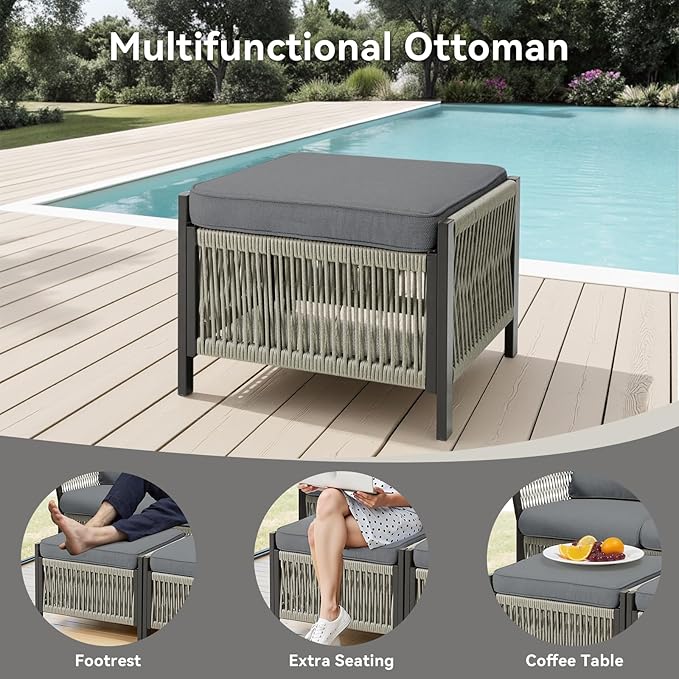 Wicker Outdoor Patio Furniture Set, 6 Piece Patio Conversation Set with Swivel Rocker Chairs, Rattan Sofa, Ottomans and Coffee Table for Garden, Porch, Backyard (Grey)