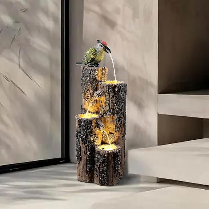 GOSSI Water Fountain Outdoor with Hummingbird, Cascading Waterfall Fountain, Rustic Log Design with LED Lights for Garden Decor
