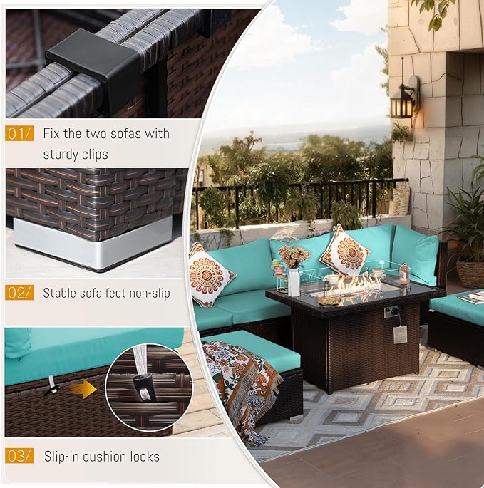 BULEXYARD 13 Piece High Back Wicker Patio Furniture Sets with Fire Pit, Modern Elegant Outdoor Seating Set Modular, Comfy Extra Deep Wide 12-Person Sectional Couch Sofa for Backyard, Brown & Turquoise