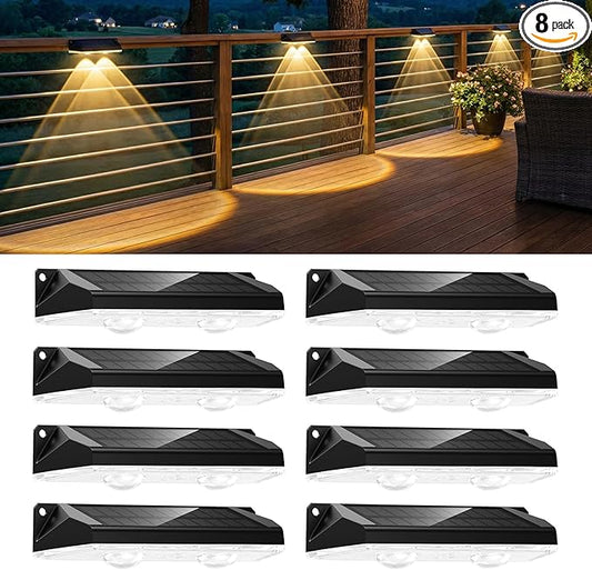 Brightown 8 Pack Solar-Fence-Lights-Outdoor, IP65 Waterproof Warm White & RGB 11 Color Solar Deck Step Flood Lights, Solar Patio Lights for Outside Backyard Yard Home Improvement Wall Railing
