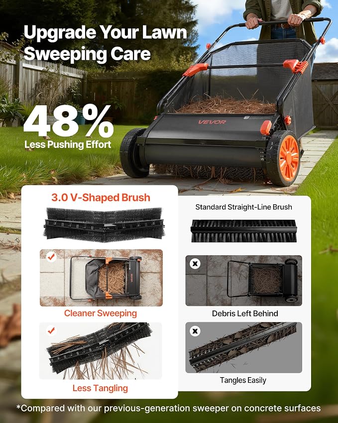 VEVOR Push Lawn Sweeper, 30 in Leaf & Grass Collector with 12 cu. ft. Hopper Bag, Adjustable Brush Height & Spinning Brushes, Heavy Duty Yard Sweeper with Rubber Wheels for Leaves Grass Cleanup - Image 3