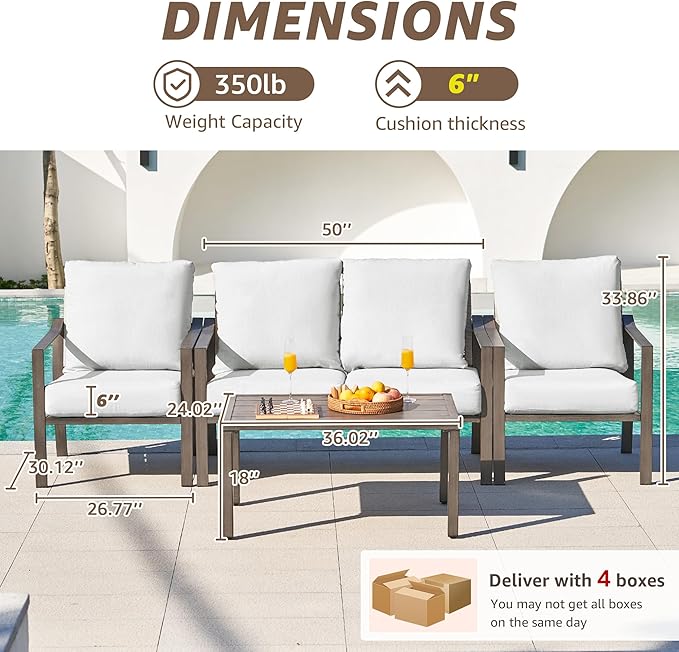 NATURAL EXPRESSIONS 4 Pieces Patio Furniture Sets,Modern Metal Outdoor Conversation Sets with All Weather Hand-Woven Rope Chairs,High Back Frame,Metal Table, 6" Thick Olefin Cushions for Yard,Garden