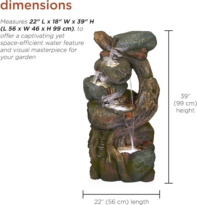 Alpine Corporation WIN1546 Outdoor Floor Rock/Tree Trunk Fountain w/LED Lights, Cascading Garden Water Fountain, 39" H, Gray